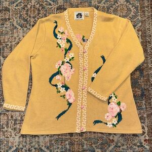 Storybook Knits Tan Cardigan with Fragrance of Roses Design women’s size 1X